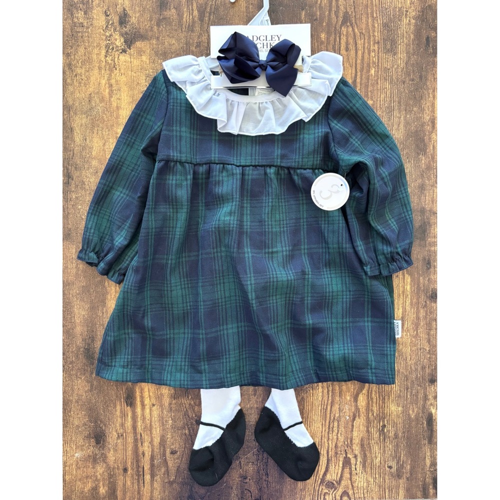 Badgley Mischka Kids Plaid Dress Tights Bow‎ 3PC Set Green Navy 18-24M